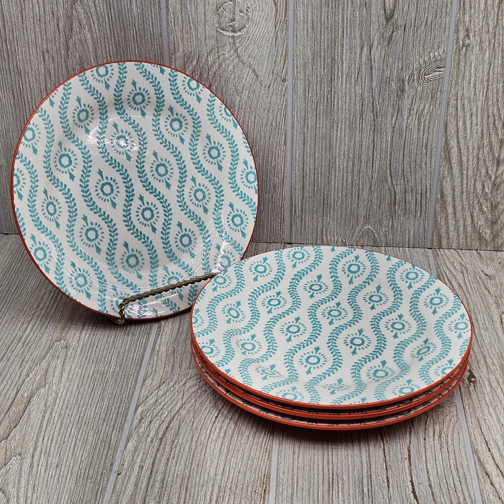 Baum Tangier Salad Plates Set of 4 Teal Orange Ikat Boho 8 Inch Stoneware
